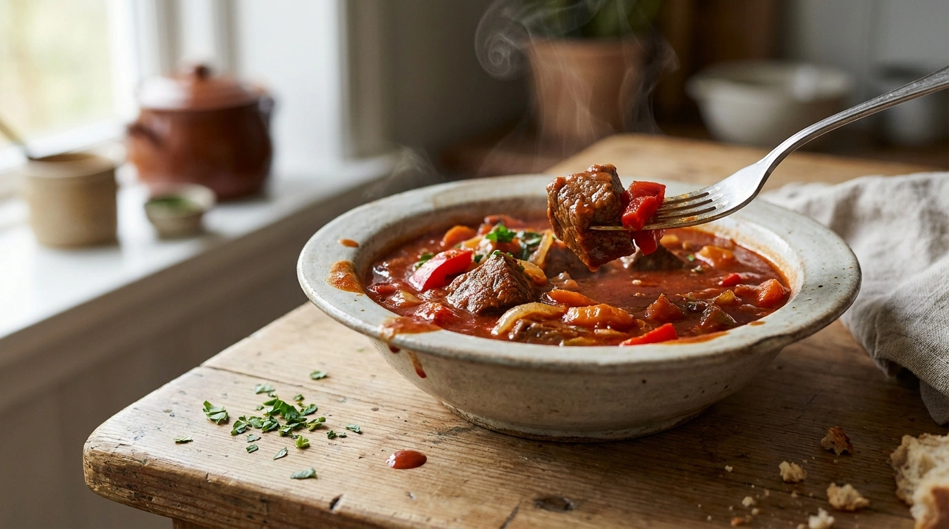 Ungarsk Gullasch med oksekød og masser af paprika